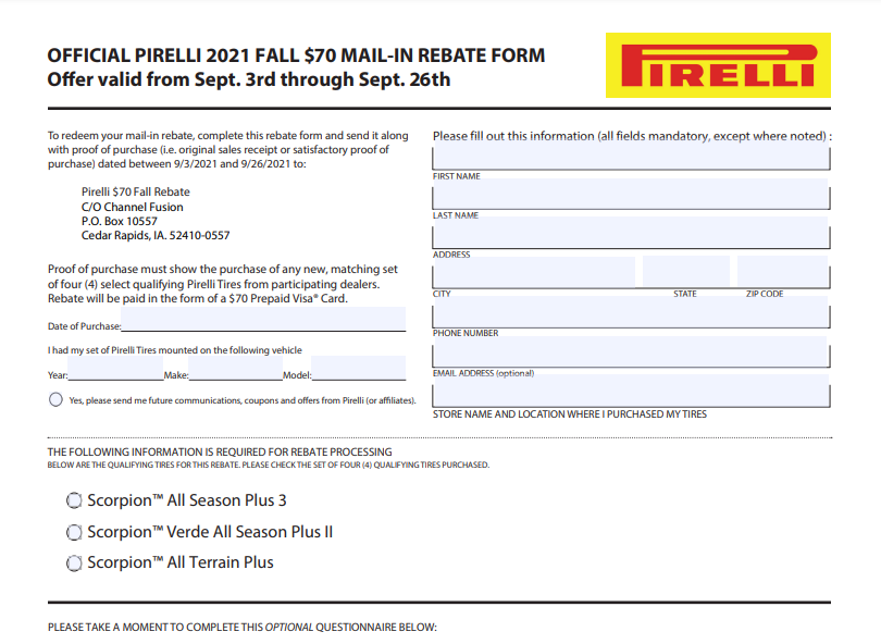Pirelli Rebate Form
