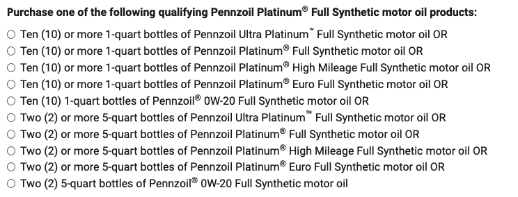 Pennzoil Eligible Products for Rebate