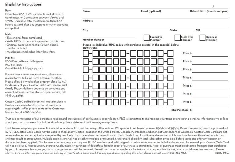Costco P&G Rebate Printable Rebate Form