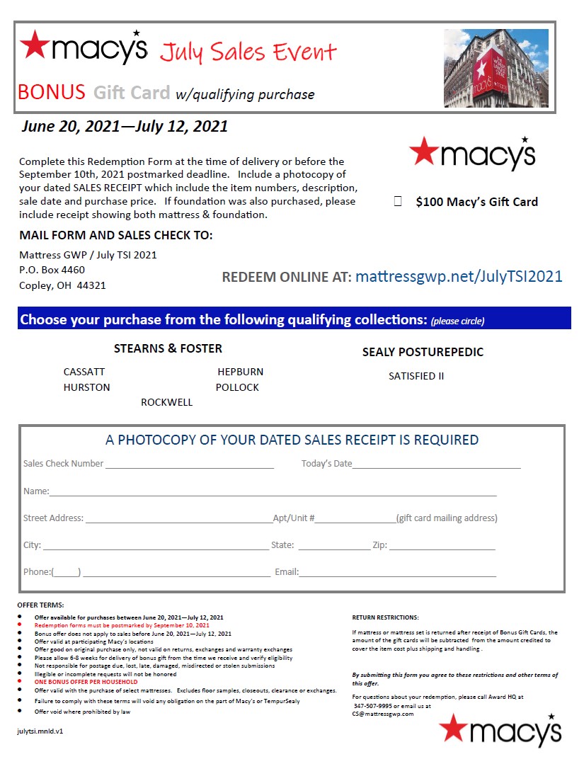Macy Rebate Form October 2021 Printable Rebate Form