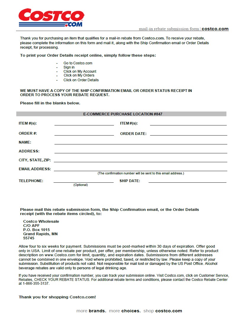 Costco Rebate Form Printable Rebate Form