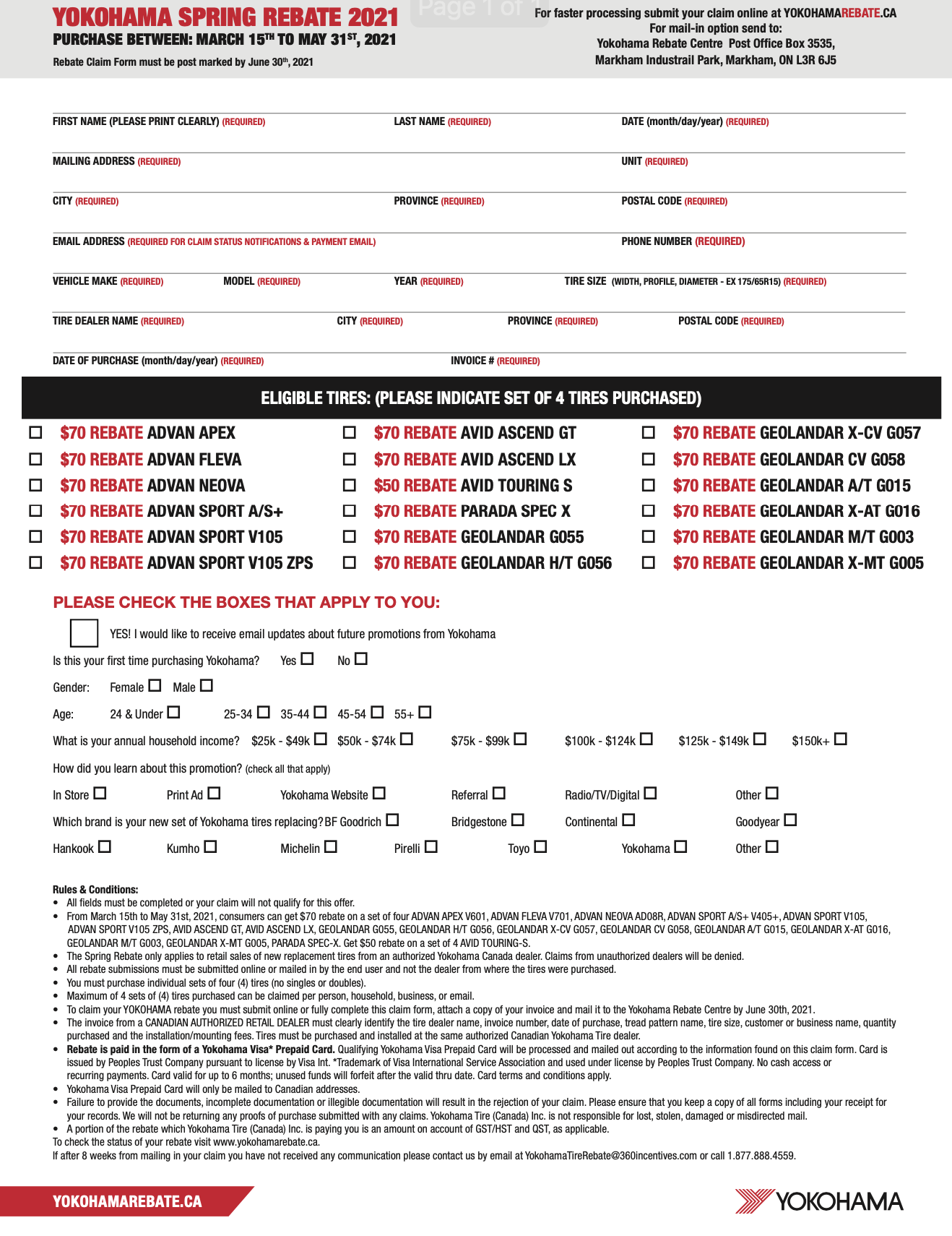 Yokohama Rebate Tracking Printable Rebate Form