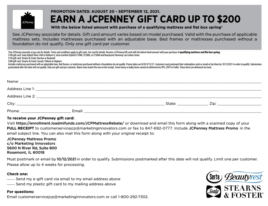 JCPenney Rebate Form 2021 $200 Gift Card