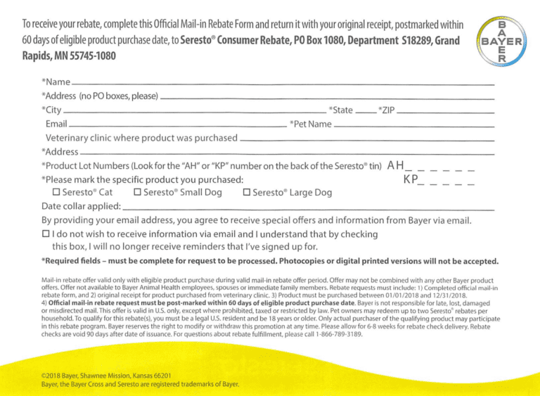 Seresto Mail In Rebate 2023 Printable Rebate Form