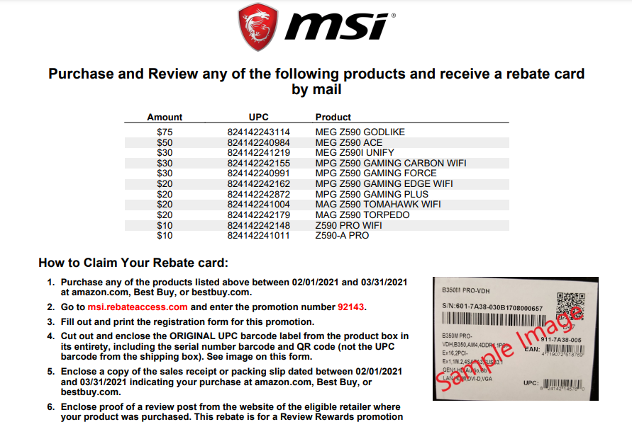 MSI Printable Rebate Form