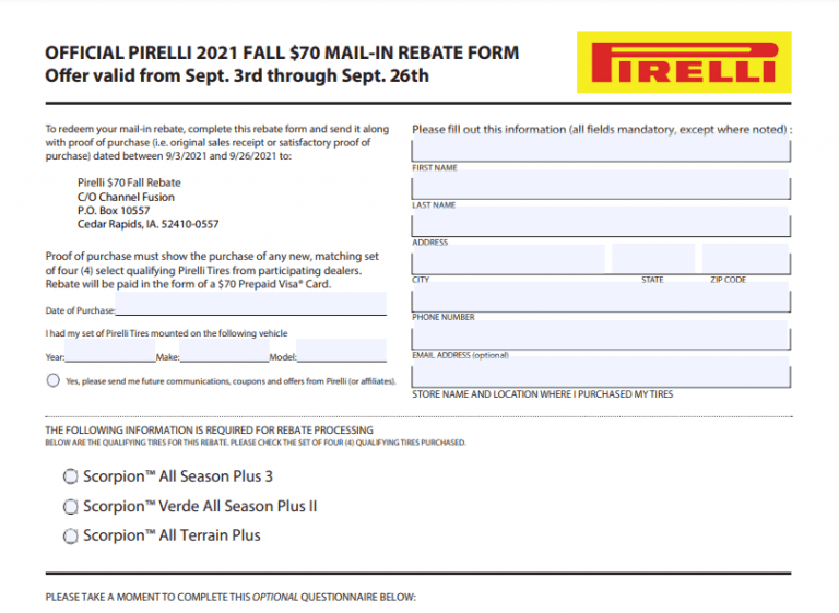 Pirelli 70 Rebate Form Printable Rebate Form