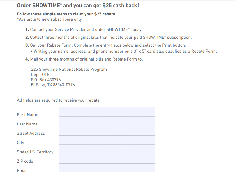 Showtime Rebate Form To Get 25 Cash Back Printable Rebate Form