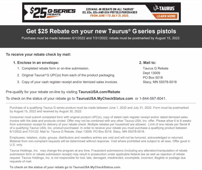 Taurus Gun Rebates And Incentives Printable Rebate Form