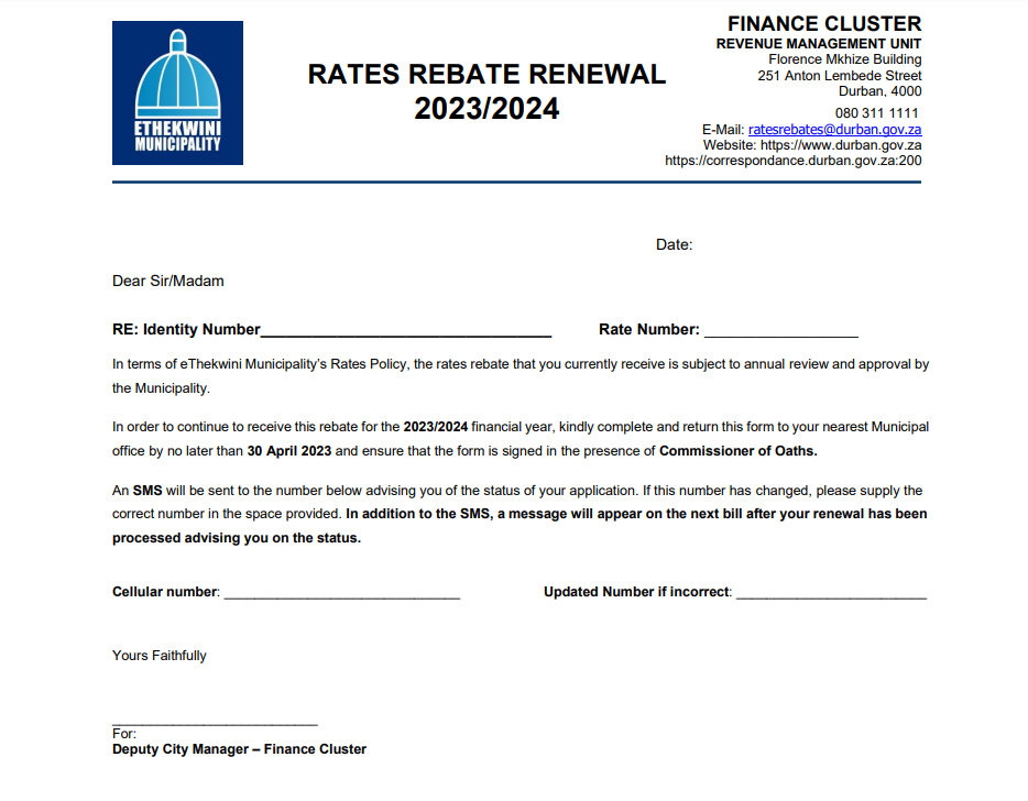 Rates Rebate Form For Pensioners Durban 2022 Application PrintableRebateForm