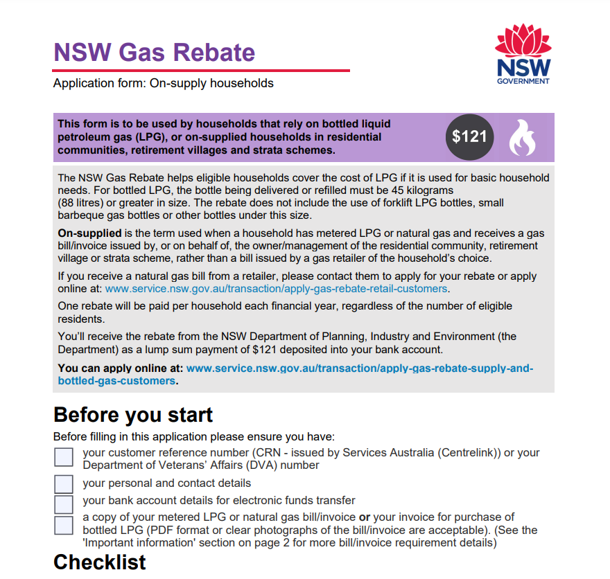 NSW Gas Rebate Form