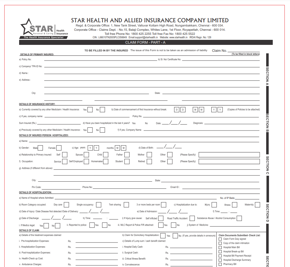 Reimbursement Process For Star Health Insurance Printable Rebate Form