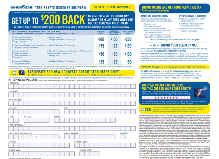 Goodyear Printable Rebate Form