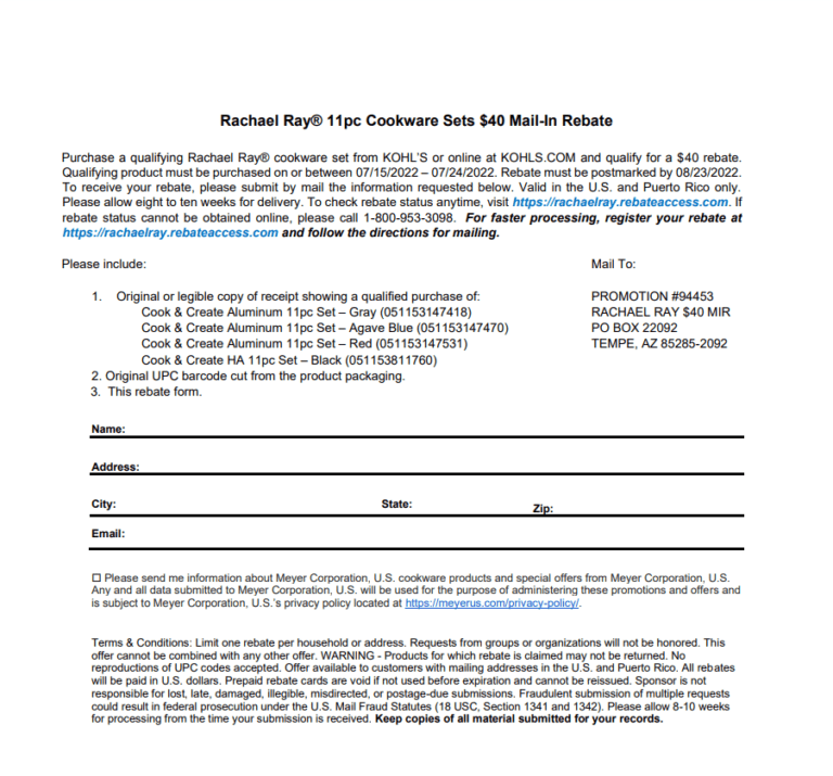 Address For Kohl s Payment Center Printable Rebate Form