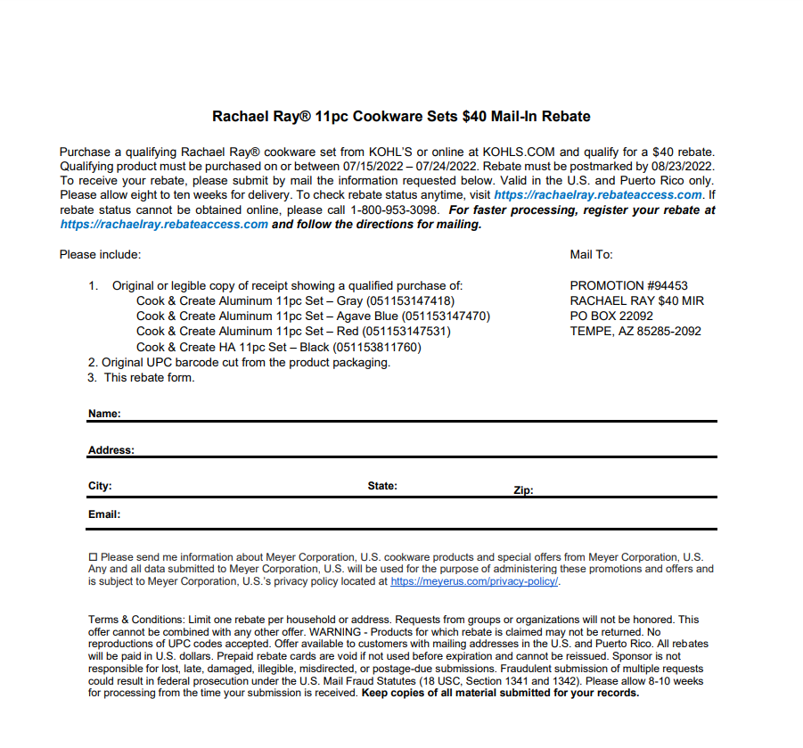 Kohls Rebate Center Address Printable Rebate Form