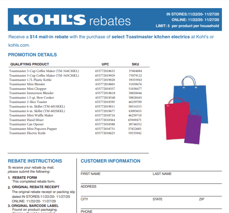 Kohl s Mail In Rebate Toastmaster Printable Rebate Form