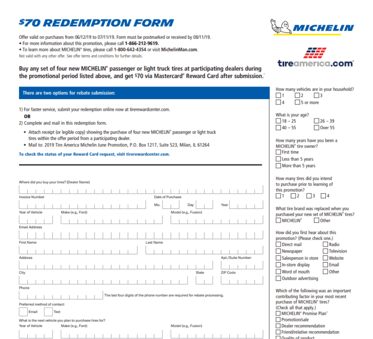 Michelin Rebate Form PDF Printable Rebate Form