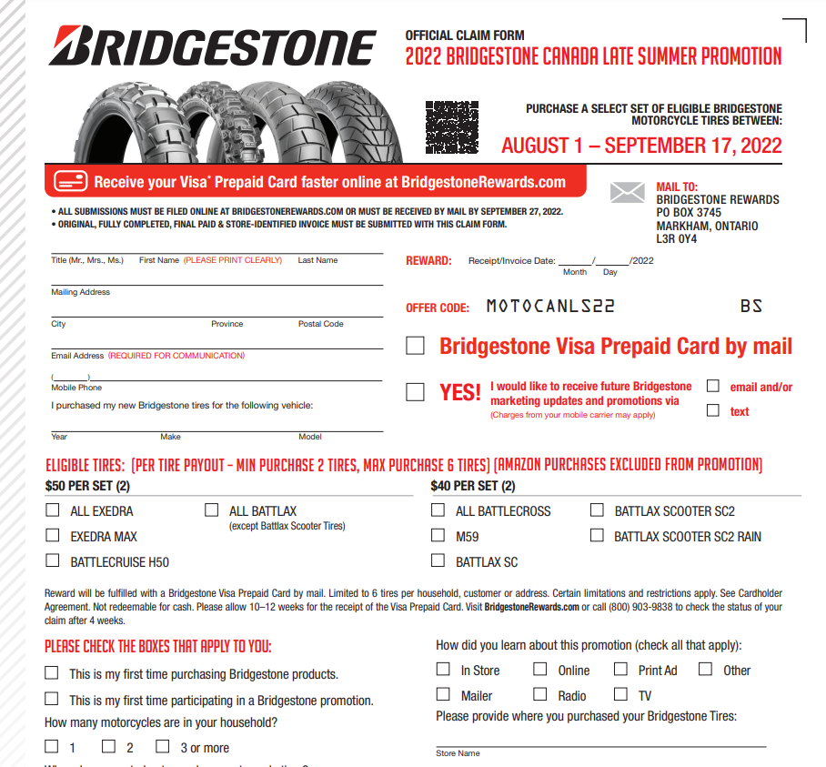 Bridgestone Motorcycle Tires Rebate