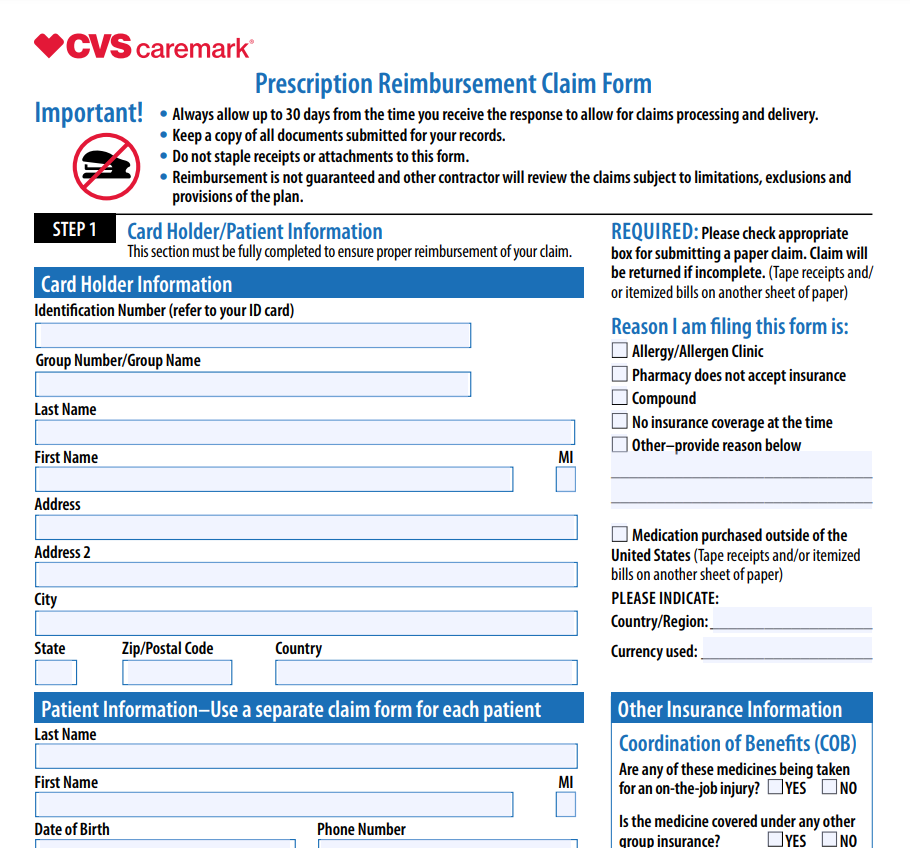 CVS Caremark Claim Reimbursement Form Printable Rebate Form