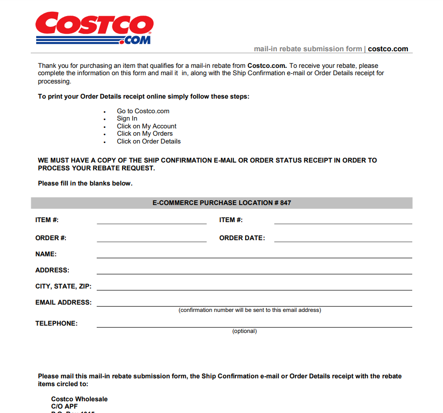 Costco Wholesale Company Rebate Printable Rebate Form
