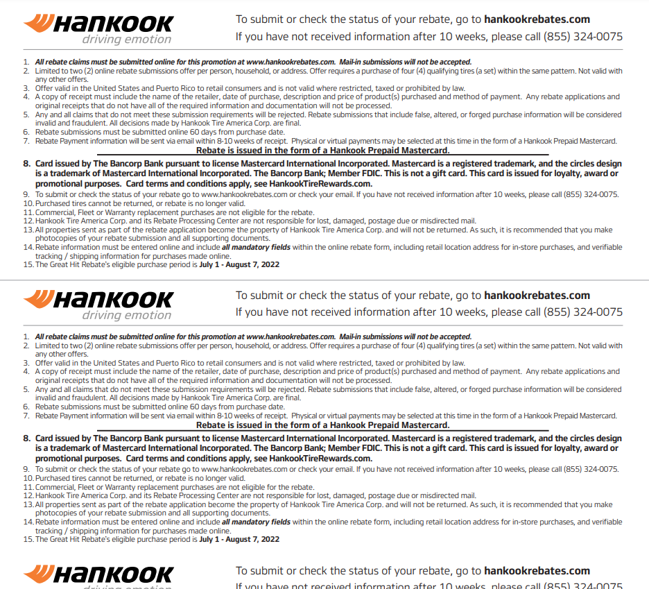 Hankook Tires Rebate Printable Rebate Form