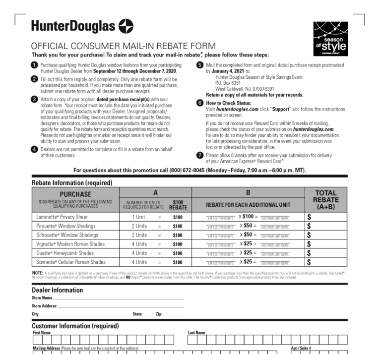 Hunter Douglas Official Mail In Rebate Form
