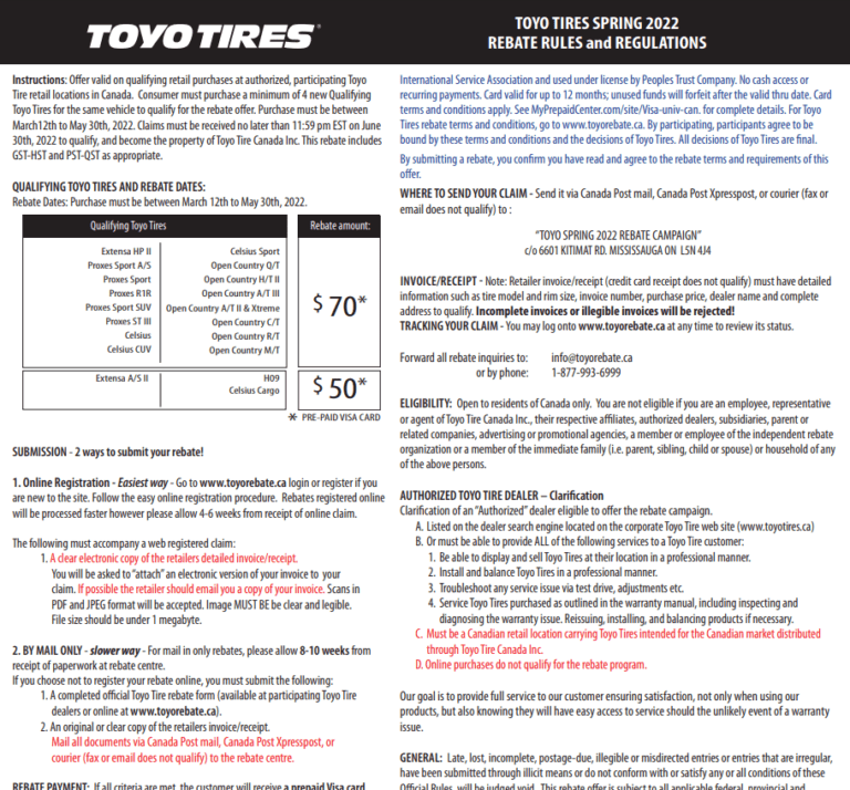 Toyo Tires Rebate Form - Printable Rebate Form