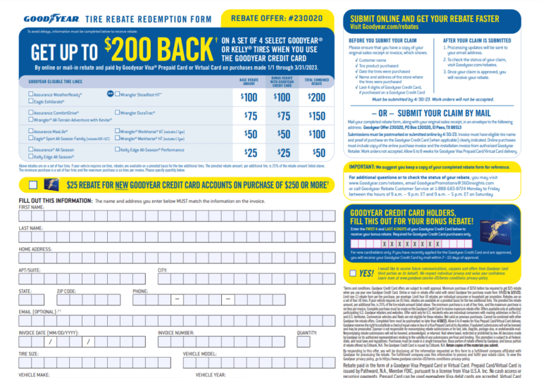 Goodyear Rebate Form 2023 Printable Rebate Form