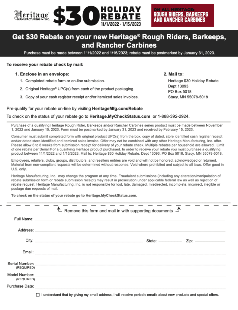 Heritage Rough Rider Rancher Review Printable Rebate Form