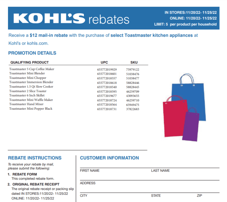 Kohl s Toastmaster Rebate Form 2023 Printable Rebate Form
