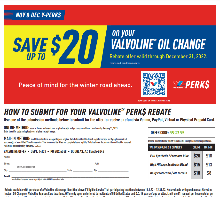 Valvoline Oil Rebate Form Printable Rebate Form