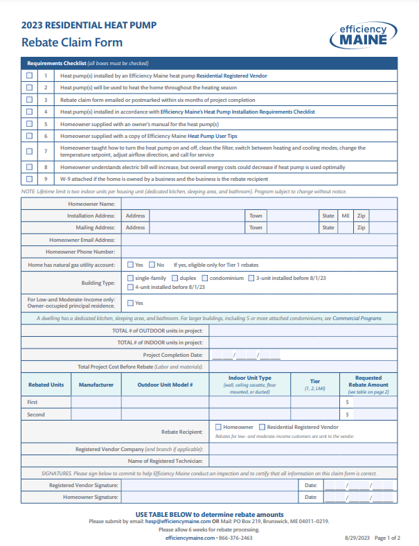 Efficiency Maine Heat Pump Rebate Forms Printable Rebate Form