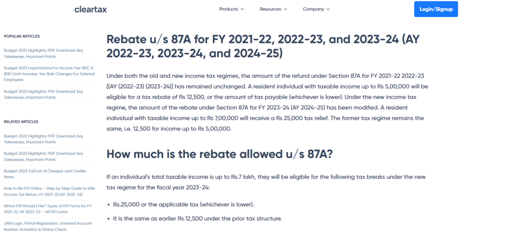 Rebate U/s 87a For Ay 2023-24
