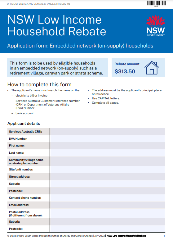 Nsw Gov Low Income Household Rebate PrintableRebateForm
