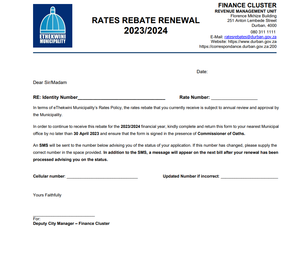 Ethekwini Rates Rebate Renewal Form 2023 2024
