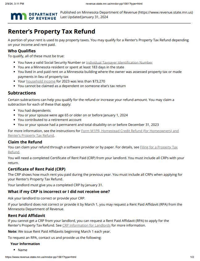 MN Renter's Rebate Form 2024